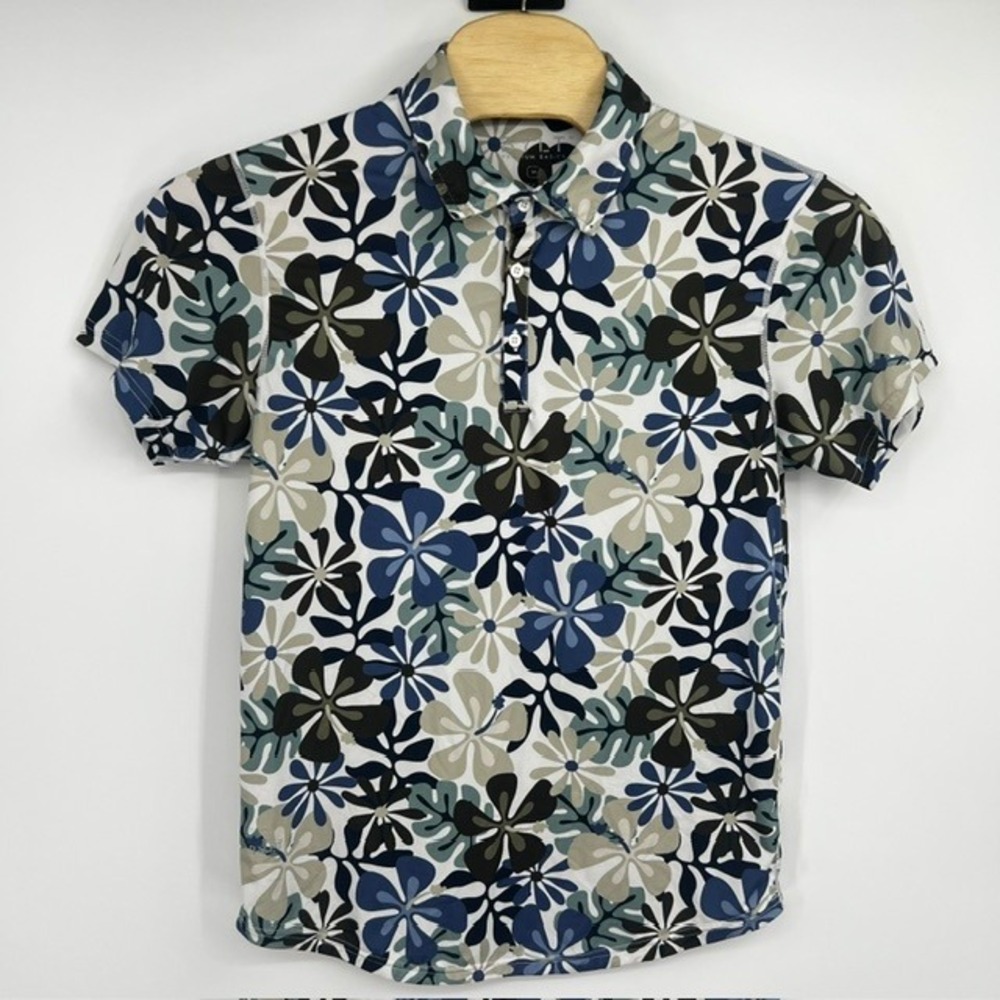 BYLT Premium Basics Mens Floral Blue Olive Hibiscus Polo Shirt Print Size Medium